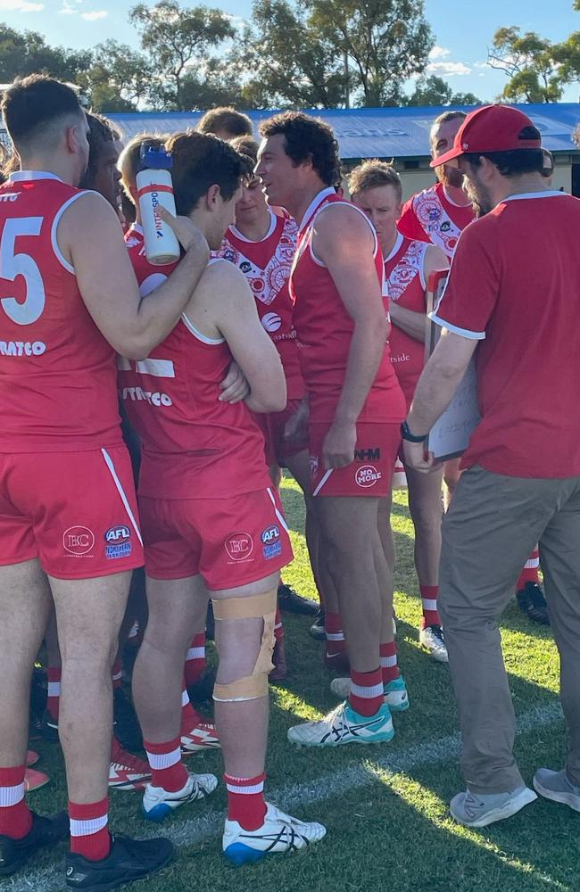 Federal playing coach Sam LaPorte lays down the law during three quarter time of his sides CAFL win over South Alice Springs.