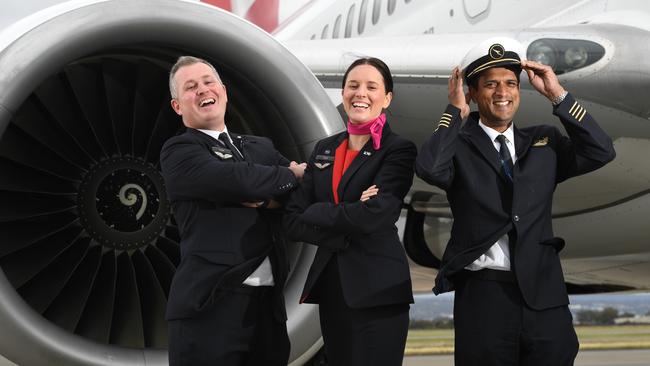 Qantas Flight Crew Gregor McGregor, Cassie Schneider and Captain Ket Katdare at Adelaide Airport. Picture: Tricia Watkinson