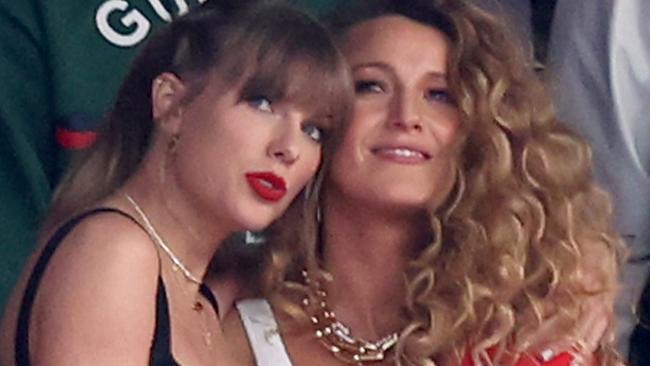 LAS VEGAS, NEVADA - FEBRUARY 11: Rapper Ice Spice, singer Taylor Swift and actress Blake Lively prior to Super Bowl LVIII between the San Francisco 49ers and Kansas City Chiefs at Allegiant Stadium on February 11, 2024 in Las Vegas, Nevada. (Photo by Steph Chambers/Getty Images)