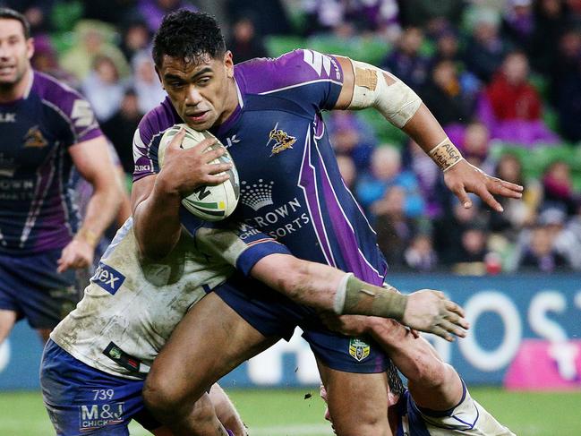 Junior Moors hits the ball up for Melbourne Storm in 2014. Picture: Colleen Petch