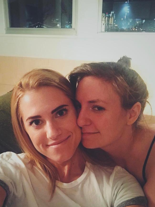 Co-stars Allison Williams and Lena Dunham watch the series finale of Girls ... “And that’s a wrap on GIRLS. We watched together in Brooklyn, with Manhattan in the background, on a couch, much like it all began...” Picture: @aw/Instagram