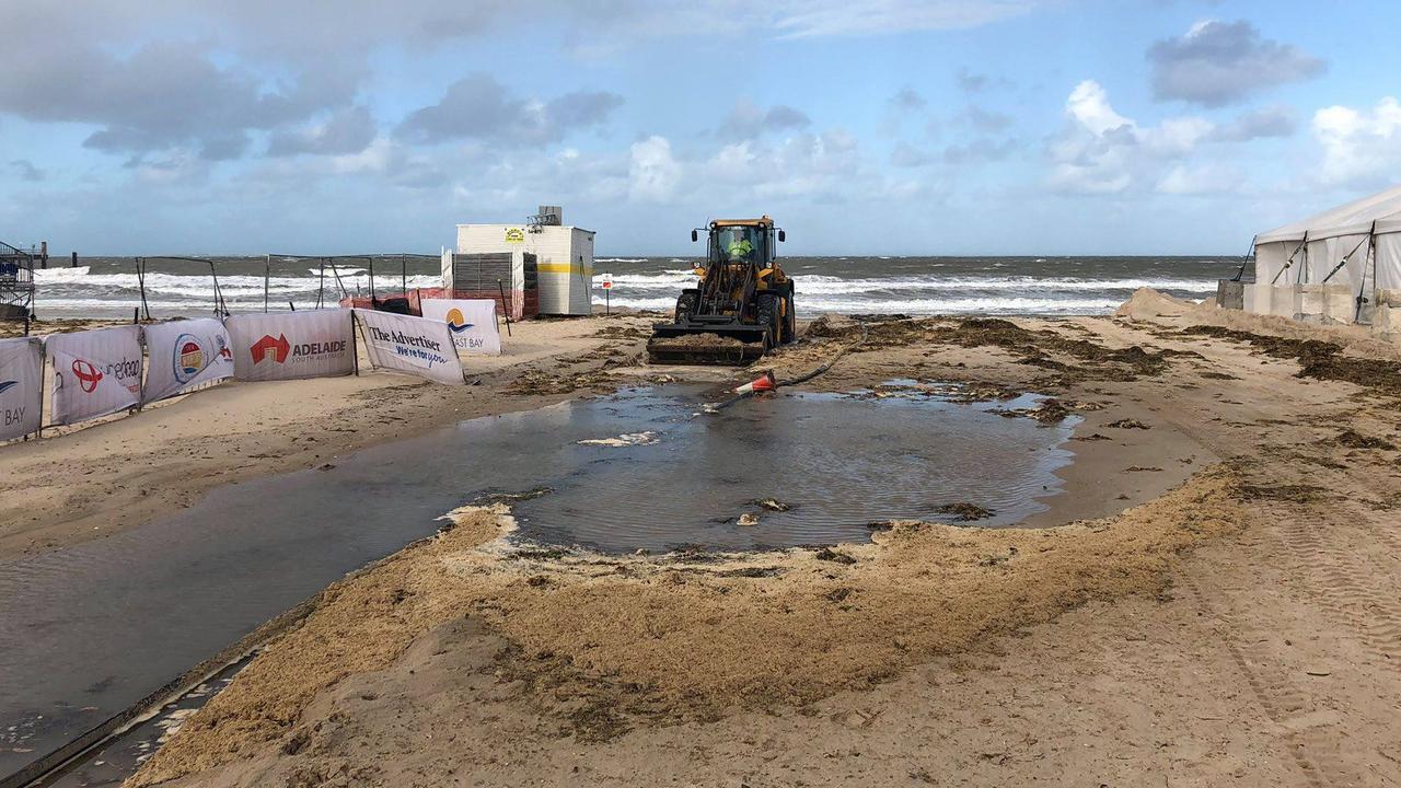 Storm damage to the Surf Lifesaving Championships at Glenelg. Picture: Dan Demaria