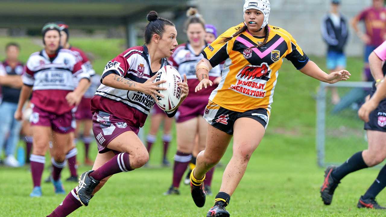 Bundaberg's Jazzman Melling tries to run into space against the Sunshine Coast in the 47th Battalion on Saturday. Picture: Patrick Woods