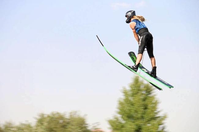 GREEN AND GOLD: Sade Ferguson won   gold with the   jump at the Junior Waterskiing World Championships in Spain. Picture: Contributed