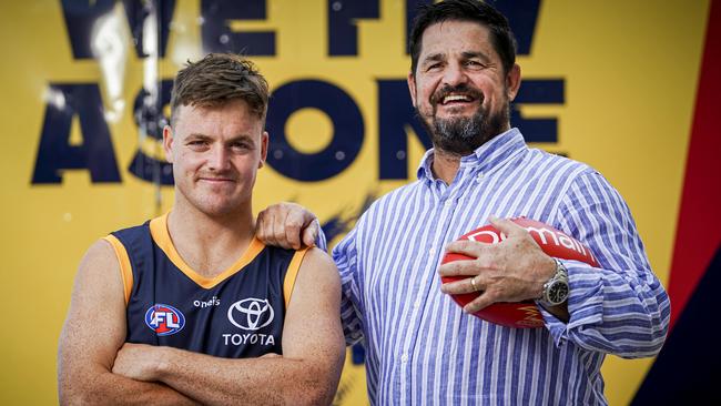 Stephen Rowe with son James after he was drafted by the Crows in 2020. Picture: Mike Burton