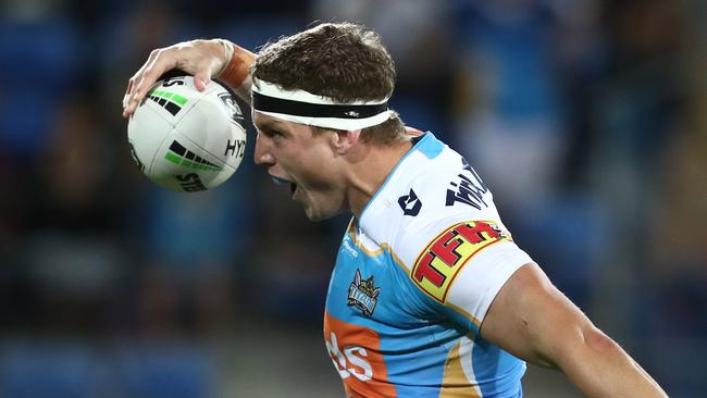 Jarrod Wallace celebrates a try after a dominant performance. Picture: Chris Hyde/Getty Images