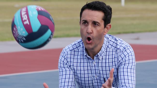 Leader of the Opposition David Crisafulli plays netball in Yeppoon, central Queensland. Picture: Liam Kidston.