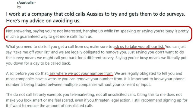 One Reddit user revealed the tricks of the cold calling trade and the secrets to avoid unsolicited cold calls. Picture: Reddit