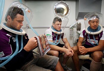 Bubble boys ... Storm players in a hyperbaric chamber. Pic: Colleen Petch