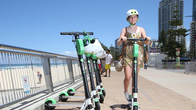 Lime scooters being launch at Surfers Paradise. Emme McCarthy 14 from Brisbane tries out the scooter. Picture Glenn Hampson.