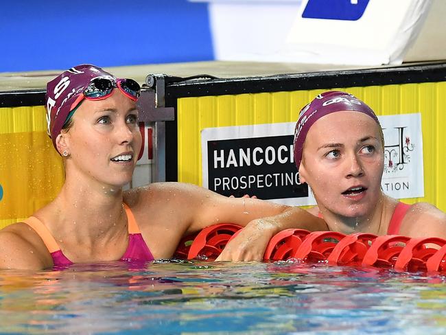 Emma McKeon (left) and Ariarne Titmus clash in the 200m. Picture: Getty Images