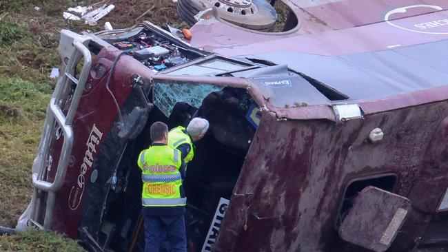 A school bus carrying 32 people flipped on the Western Highway in Bacchus Marsh last week. Picture: Brendan Beckett