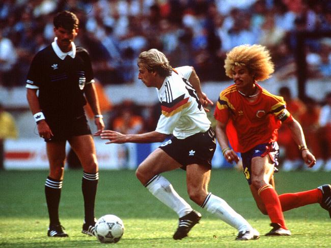 Carlos Valderrama (R) was eye-catching for his skill and hair..