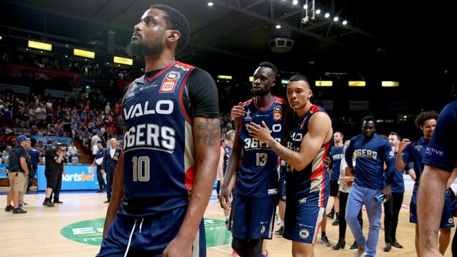 Adelaide 36ers players during the club’s last season at Titanium Security Arena. Picture: AAP / Kelly Barnes