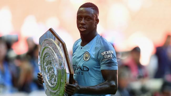 Left back Benjamin Mendy with the Community Shield after Manchester City’s win over Chelsea.