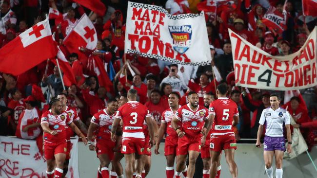 AUCKLAND, NEW ZEALAND - NOVEMBER 02: Tonga fans celebrate  during the Rugby League International Test match between the Australia Kangaroos and Tonga at Eden Park on November 02, 2019 in Auckland, New Zealand. (Photo by Fiona Goodall/Getty Images)