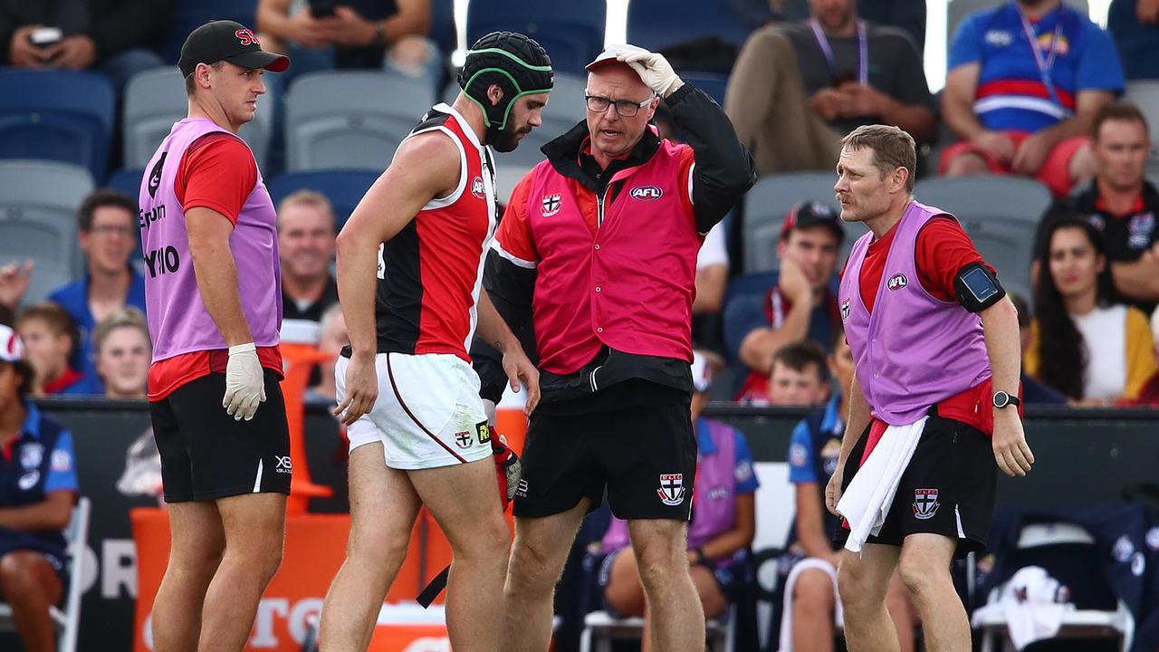 Paddy McCartin of the Saints leaves the field with possible concussion in 2019