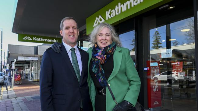 Lois Deverson thanks local MP Stephen Patterson who saved her from an unprovoked attack on Jetty Road Glenelg. Picture Mark Brake