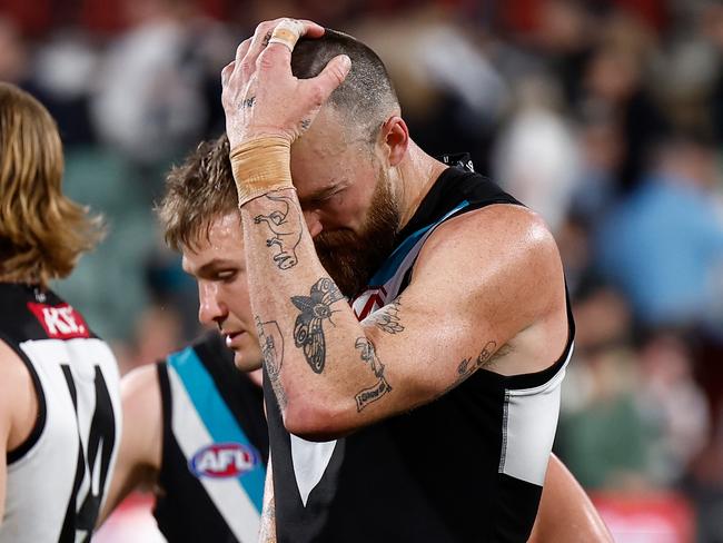 ADELAIDE, AUSTRALIA - SEPTEMBER 05: Charlie Dixon of the Power looks dejected after a loss during the 2024 AFL Second Qualifying Final match between the Port Adelaide Power and the Geelong Cats at Adelaide Oval on September 05, 2024 in Adelaide, Australia. (Photo by Michael Willson/AFL Photos via Getty Images)