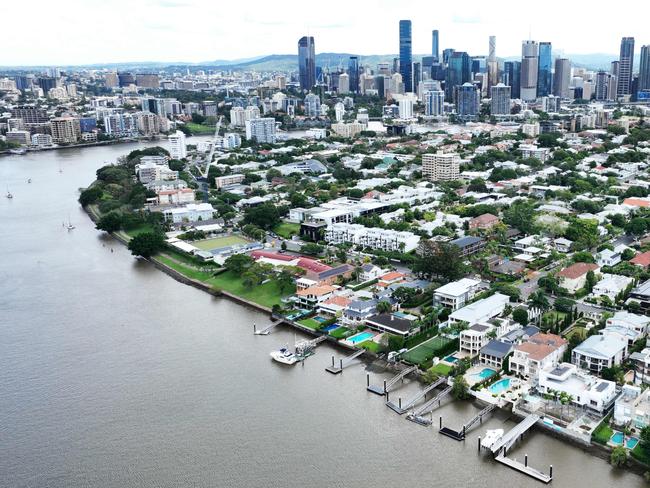 Aerial view large riverfront houses in the inner city Brisbane suburb of New Farm. The suburb has some of the Queensland capital city's most expensive real estate. Picture: Brendan Radke