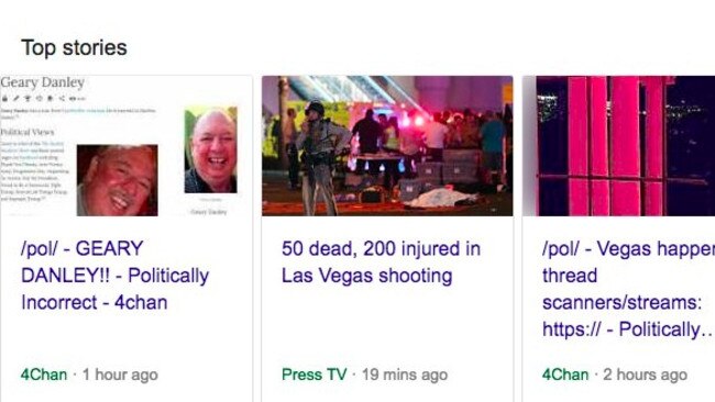 Google’s news bar displaying fake news stories following the Las Vegas shooting. (Pic: supplied.)