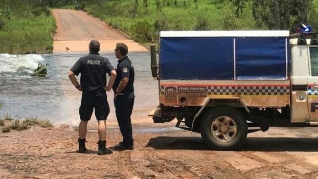 Police at Moyle River crossing between Peppimenarti and Palumpa, where a 12yo girl is believed to have been attacked by a crocodile. Picture: NT Police