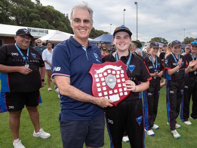 Swans captain Nicola Hudson is presented with the Brewer Shield. Picture: Julian Andrews