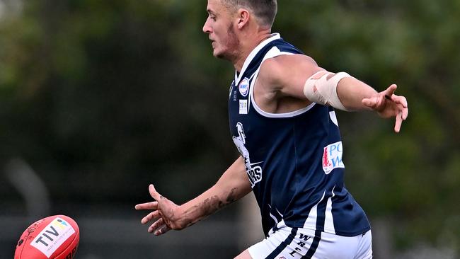 Hoppers CrossingÃs Harley Armstrong-Weston during the WRFL Deer Park v Hoppers Crossing football match in Deer Park, Saturday, April 30, 2022. Picture: Andy Brownbill