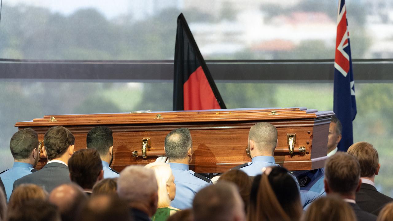 Constable Woods’ coffin being taken from the room ahead of his final trip to Karrakatta Cemetery. Andrew Ritchie/The West Australian/ Pool image