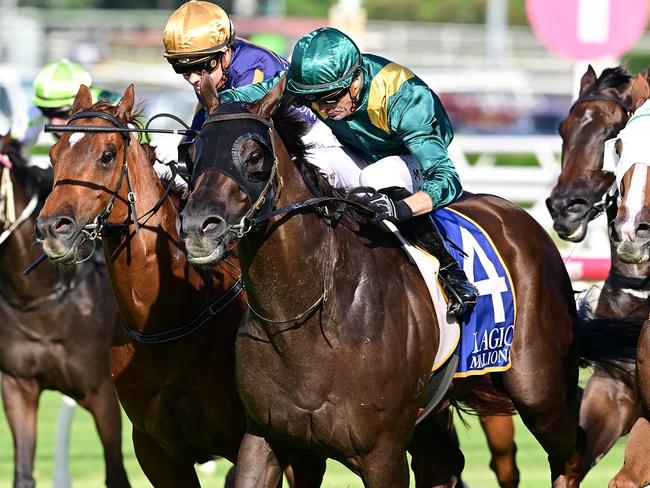 Martin Harley steers Cannonball to a blowout win in the Listed Falvelon for trainer Tony Gollan. Picture: Grant Peters - Trackside Photography