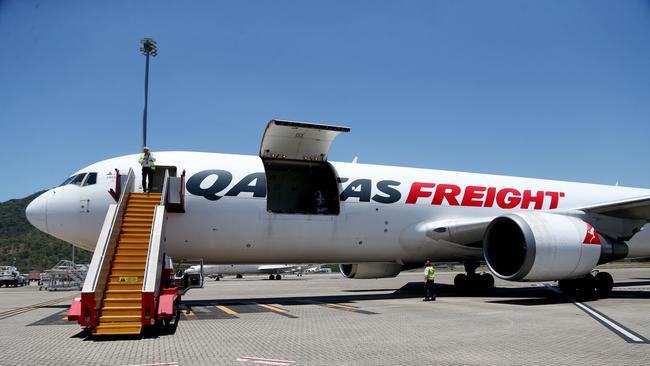 Qantas Freight taking its cargo load from Cairns to Hong Kong on a Boeing 767. PICTURE: STEWART MCLEAN