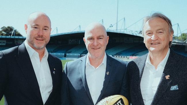 Carlton president Luke Sayers, new deputy CEO Graham Wright and CEO Brian Cook at Ikon Park. Pictures: Carlton FC