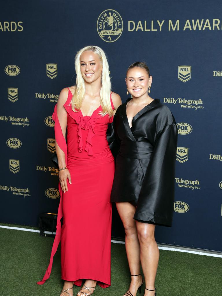 Sydney Rooster NRLW teammates Jasmin Strange and Keeley Davis walk the green carpet together. Picture: NewsWire / Christian Gilles