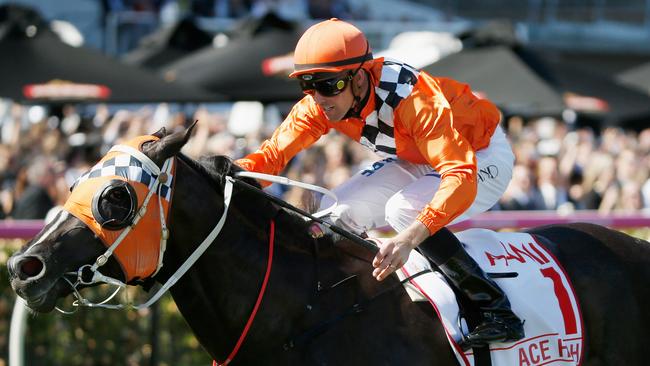 Tye Angland rides Ace High to win the Victoria Derby at Flemington this month. Photo: Darrian Traynor/Getty Images