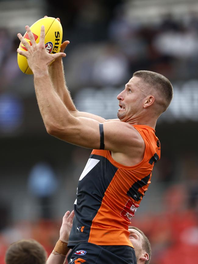 Giants player Jesse Hogan marks during the match with North Melbourne at Engie Stadium in March. Picture: Phil Hillyard