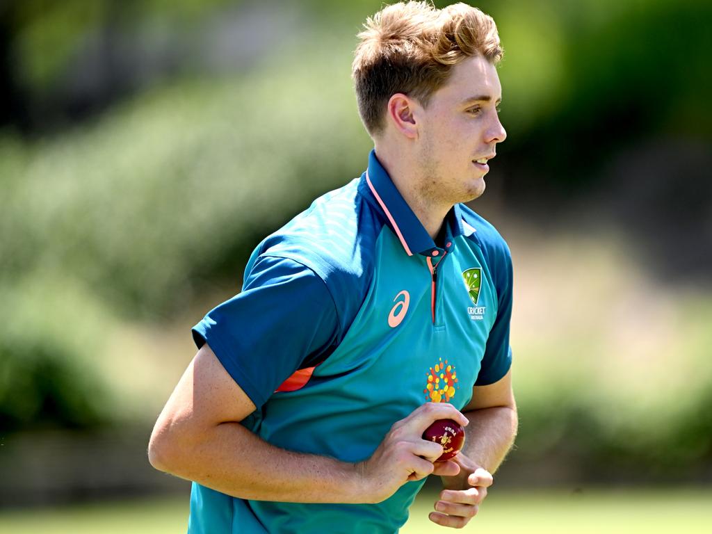 Cameron Green was in Test mode in the MCG nets today ahead of the Boxing Day clash with South Africa. Picture: Bradley Kanaris/Getty Images