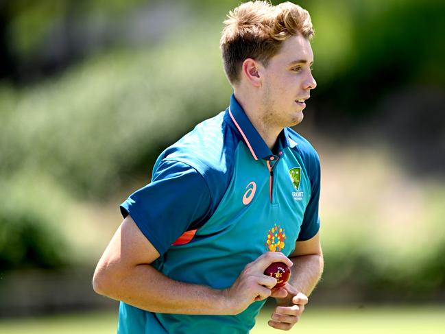 Cameron Green was in Test mode in the MCG nets today ahead of the Boxing Day clash with South Africa. Picture: Bradley Kanaris/Getty Images