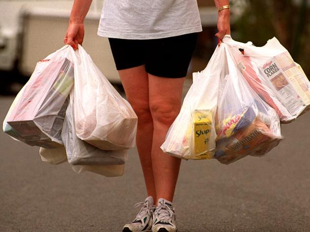 Michelle Giltinan of Castle Hills outside Woolworths carrying her groceries in plastic shopping bags 09 Oct 2002. woman