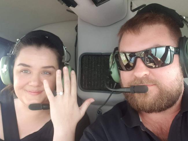 Victoria Twivey with her engagement after Rhys McCully asked her to marry him in a helicopter above  Pallarenda.