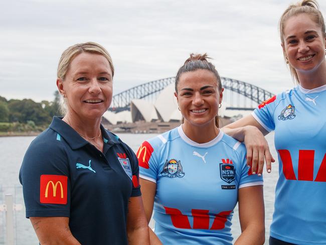 SYDNEY, AUSTRALIA - NewsWire Photos JANUARY 25, 2024: NSW Sky Blues coach Kylie Hilder, Sky Blues representatives Millie Elliott and Kezie Apps during a sponsorship announcement on Thursday. Picture: NCA NewsWire / Nikki Short