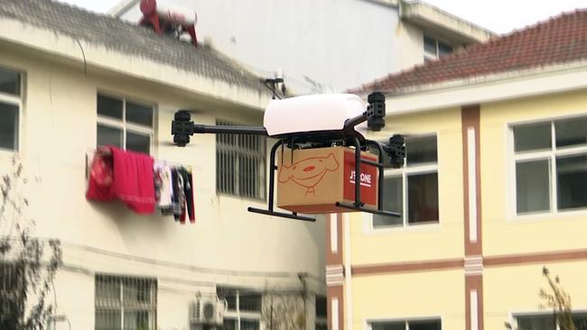 A drone takes off to deliver a JD.com parcel from a village in China's Jiangsu province. Picture: AP