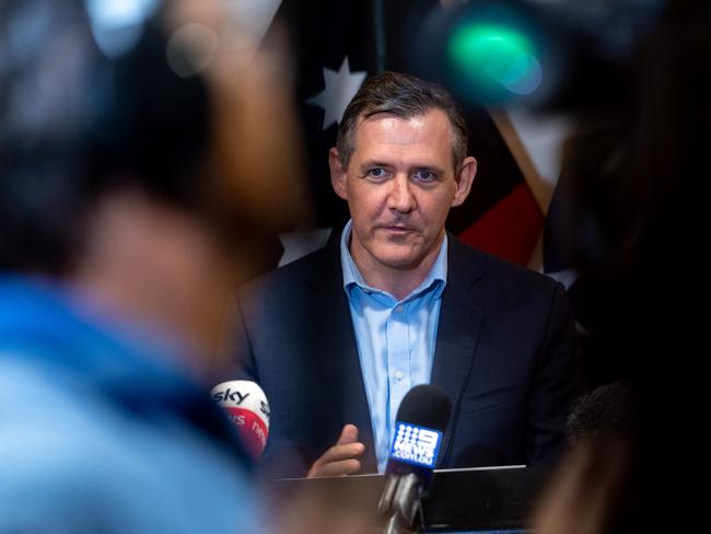 The Chief Minister Michael Gunnerl holds a press conference providing an update on border restrictions due to COVID-19. he is joined by Hugh Heggie - Chief Health Officer and Commissioner of Police, Jamie Chalker. Picture: Che Chorley