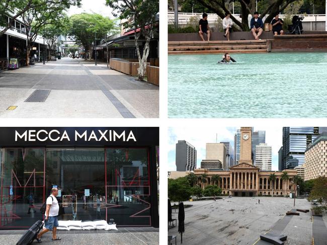 (Clockwise from top left) The deserted Queen St Mall; a lonely swimmer at South Bank; King George Square was empty; a tourist walks past the sandbagged Mecca Mxima store in the Mall. Pictures: David Clark