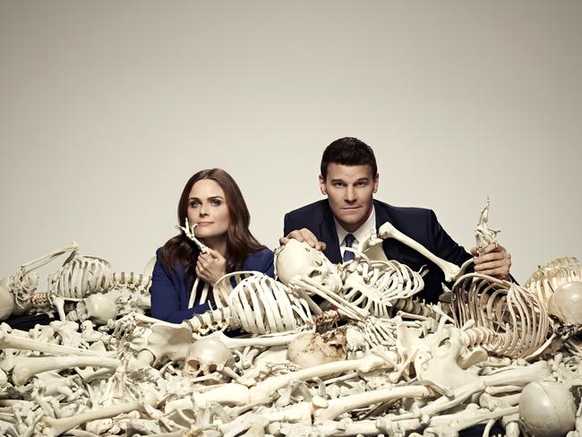 Fractured ... Emily Deschanel and David Boreanaz for season ten of Bones. Picture: Supplied by Channel Seven