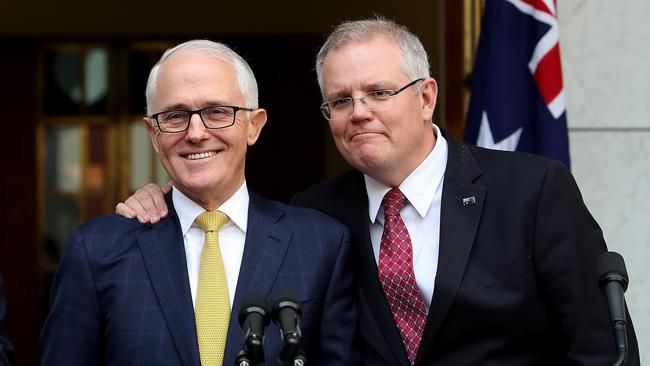 Former PM Malcolm Turnbull and his then treasurer Scott Morrison. Picture: Kym Smith