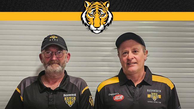 Rushworth president Dean Shepherd with new coach Mark Wheatley. Picture: Rushworth Football Netball Club.