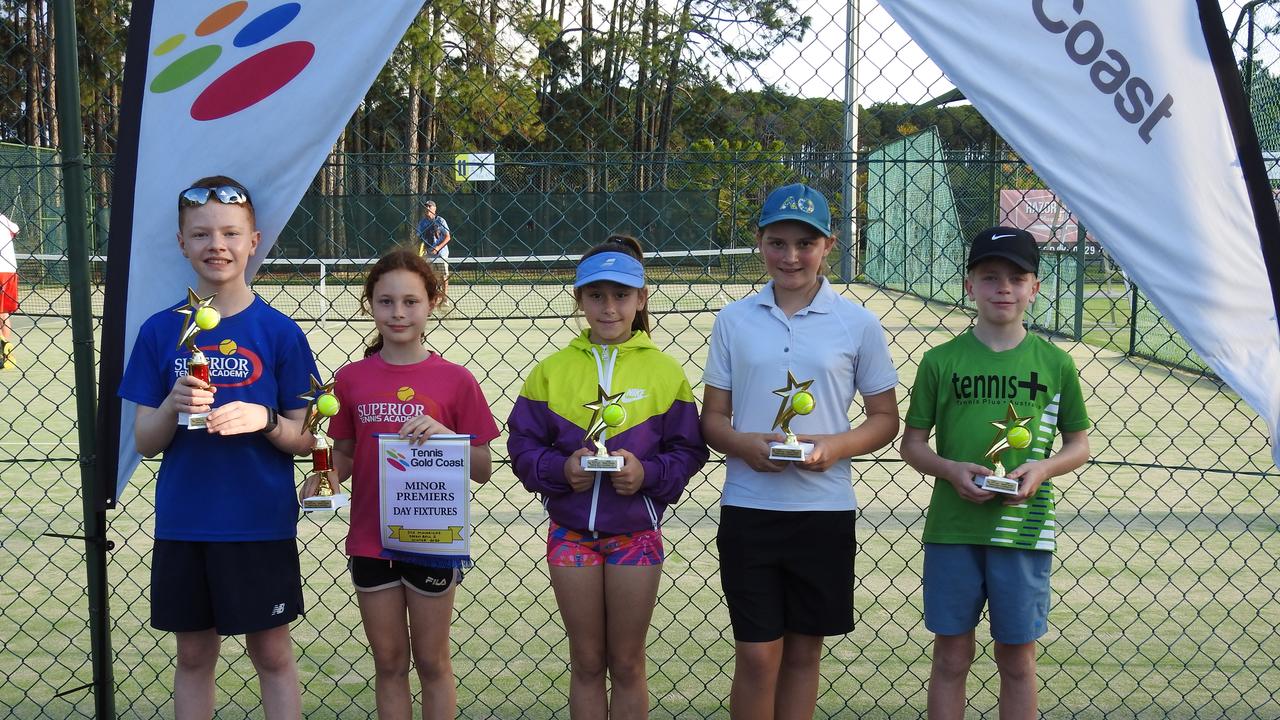 Tennis Gold Coast winners (from left to right): Aithan Kirschner, Shayna Kirschner, Sofia Crowther, Chardy Pope, Thomas Edlinger. Pic: Supplied.