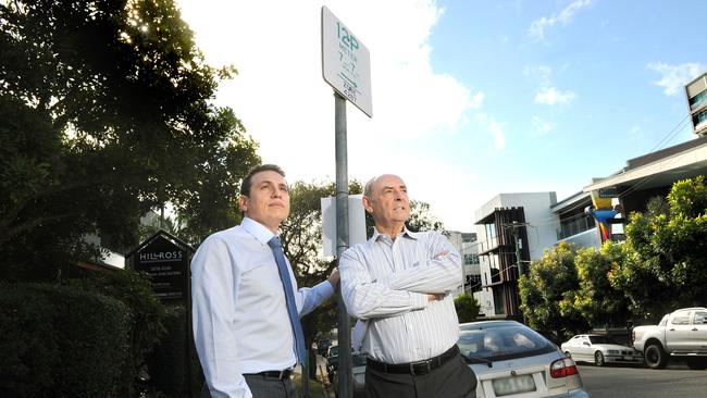 Cr Peter Matic with Concannon from Mary Ryan’s in Milton, where parking inspectors have driven away customers. Picture: Patria Jannides