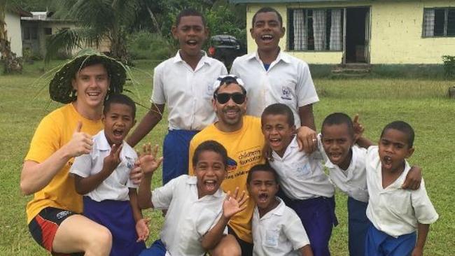 Crows stars Eddie Betts and Jake Lever in Fiji in 2016. Picture: Supplied.