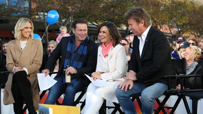 The Today show’s Sylvia Jeffreys, Karl Stefanovic, Lisa Wilkinson and Richard Wilkins broadcast live from Macarthur Square this morning. Picture: Robert Pozo